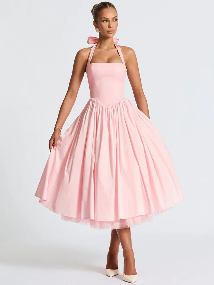 Halter Neck Backless A-Line Midi Dress - Cottagecore Style