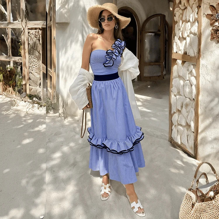 One Shoulder Ruffle Swimsuit - Stripe Print Beachwear