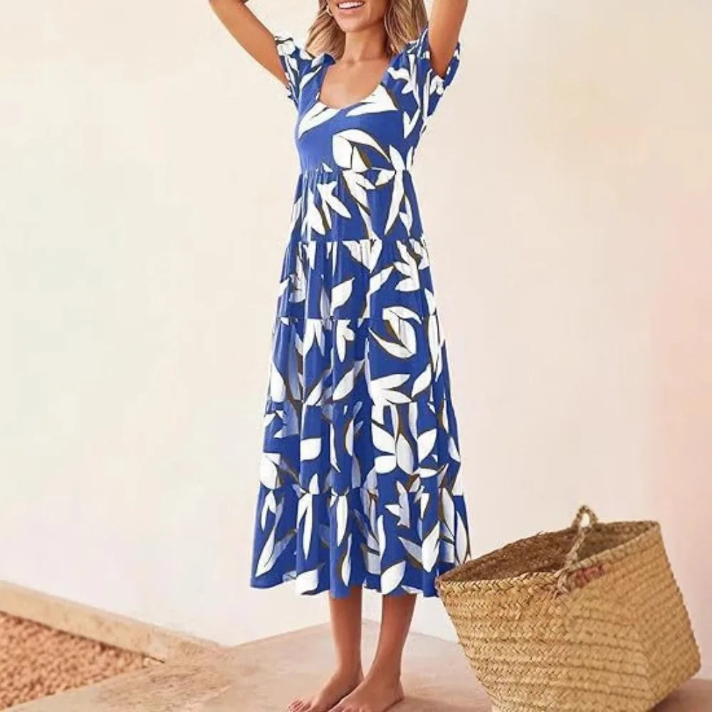Puff Sleeve Open-Back Printed Tiered Maxi Dress
