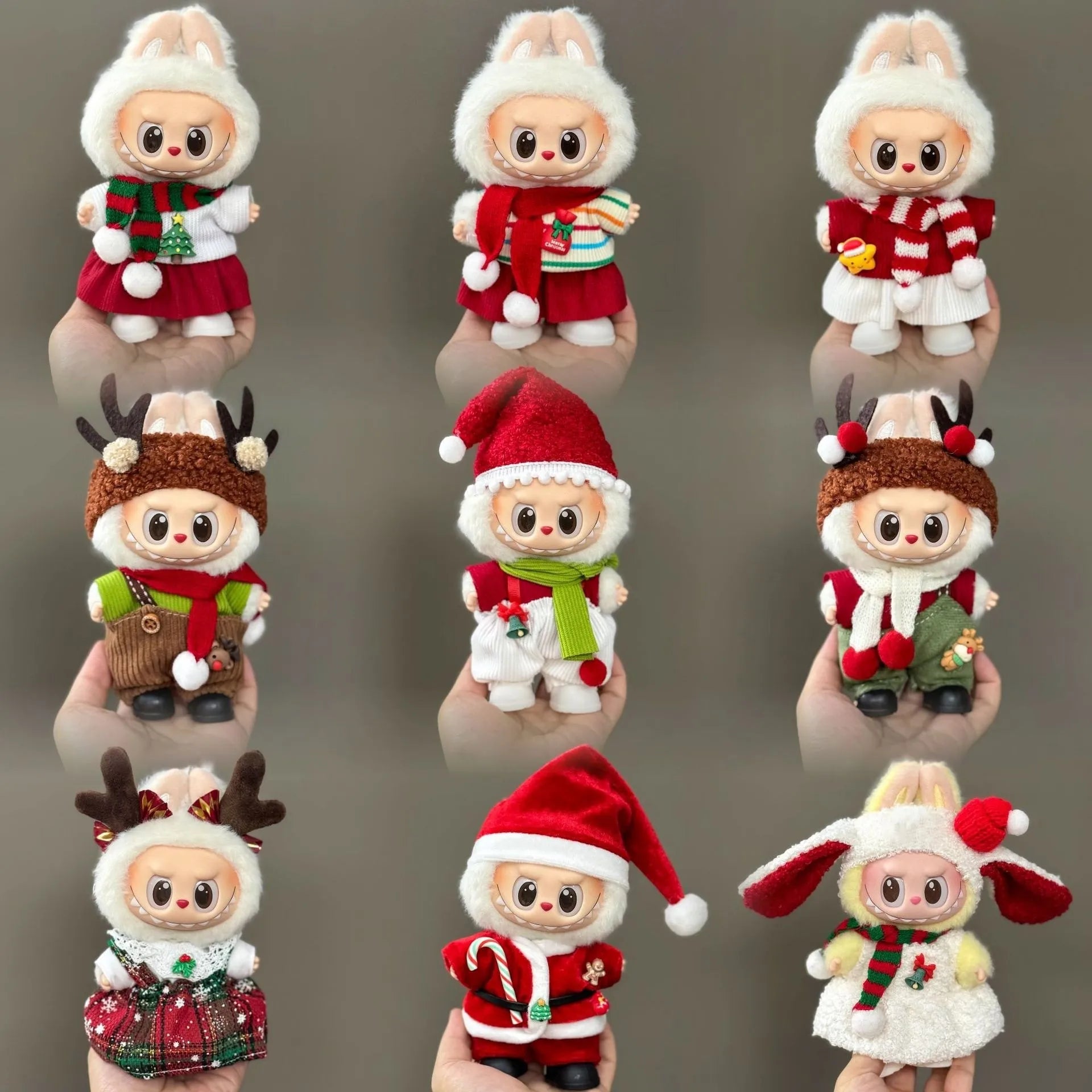 Set of Christmas-themed plush toys on a gray background