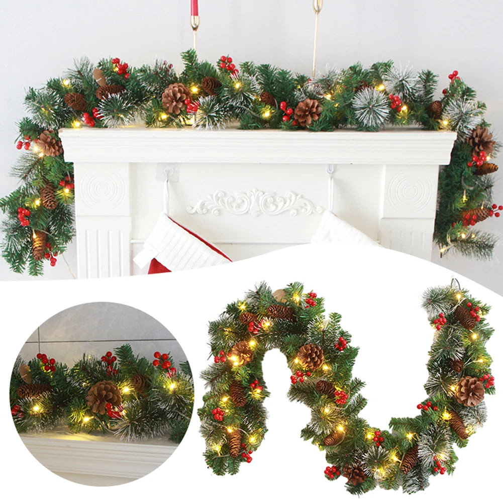 Christmas garland with lights and pinecones on a fireplace mantel.