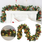 Christmas garland with lights and pinecones on a fireplace mantel.