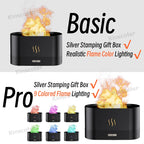 Black flame light with 'Basic' and 'Pro' labels, showing silver stamping gift box and flame color options.