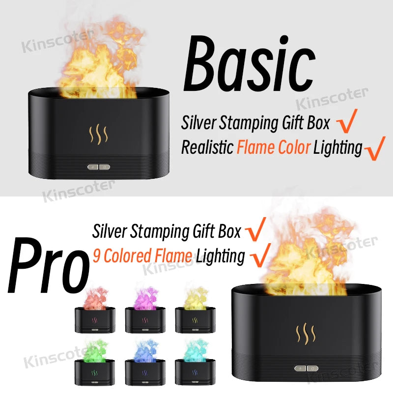 Black flame light with 'Basic' and 'Pro' labels, showing silver stamping gift box and flame color options.