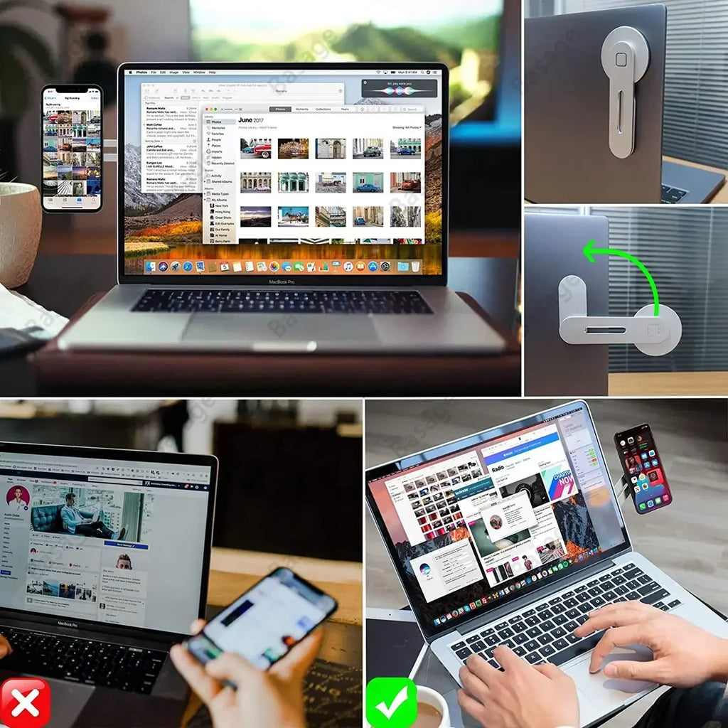 Collage of laptop screens, smartphone, and office setup with a focus on productivity.