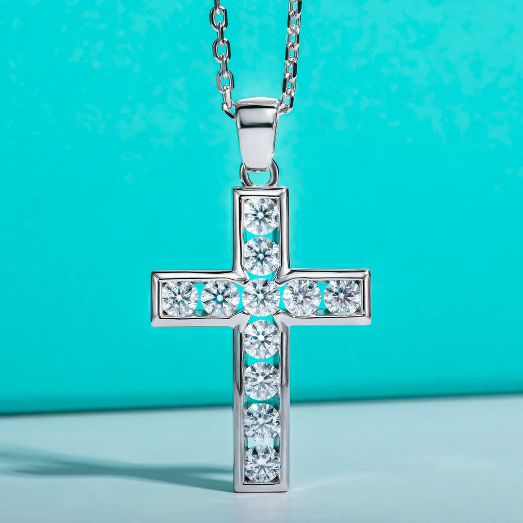 Moissanite Cross Pendant Necklace - 925 Sterling Silver 2.2ct