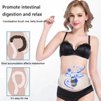 Woman wearing a black bra and underwear set with promotional text about intestinal digestion and relaxation.