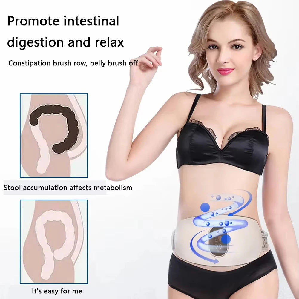 Woman wearing a black bra and underwear set with promotional text about intestinal digestion and relaxation.