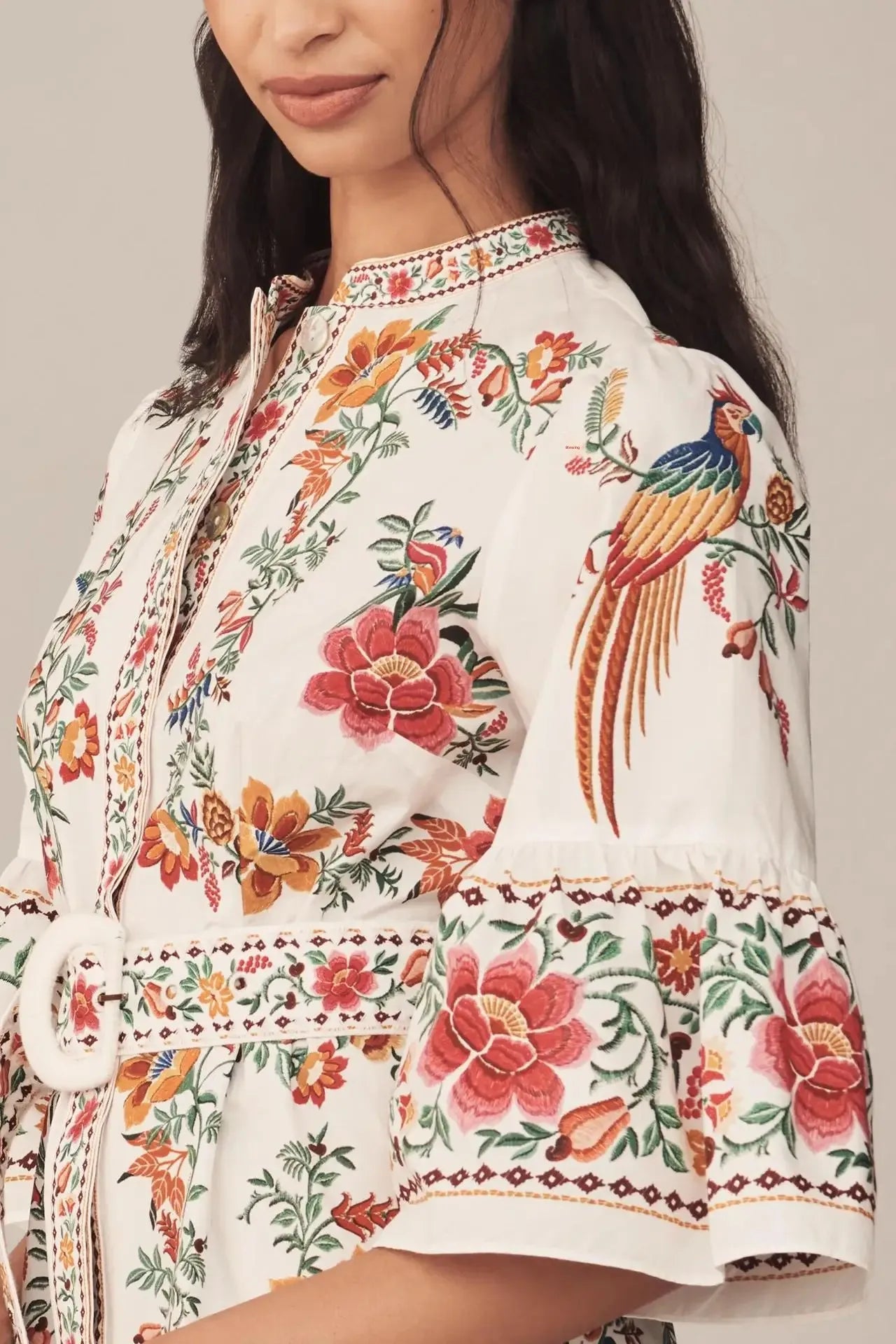 Floral Print V-Neck Linen Maxi Dress - Lantern Sleeve Waist-Cinching