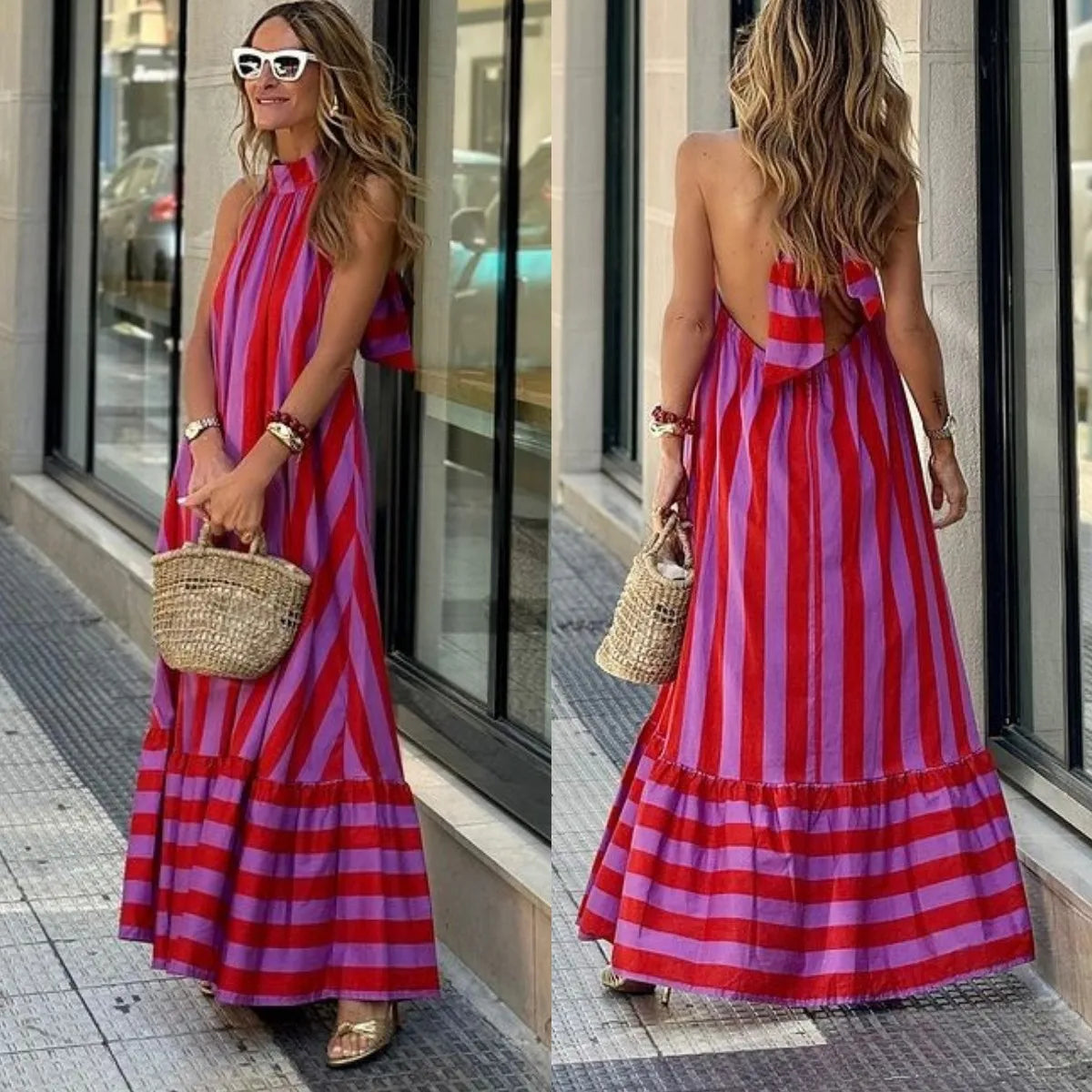 Striped Halter Neck Maxi Dress - Backless Lace-Up Vacation Dress