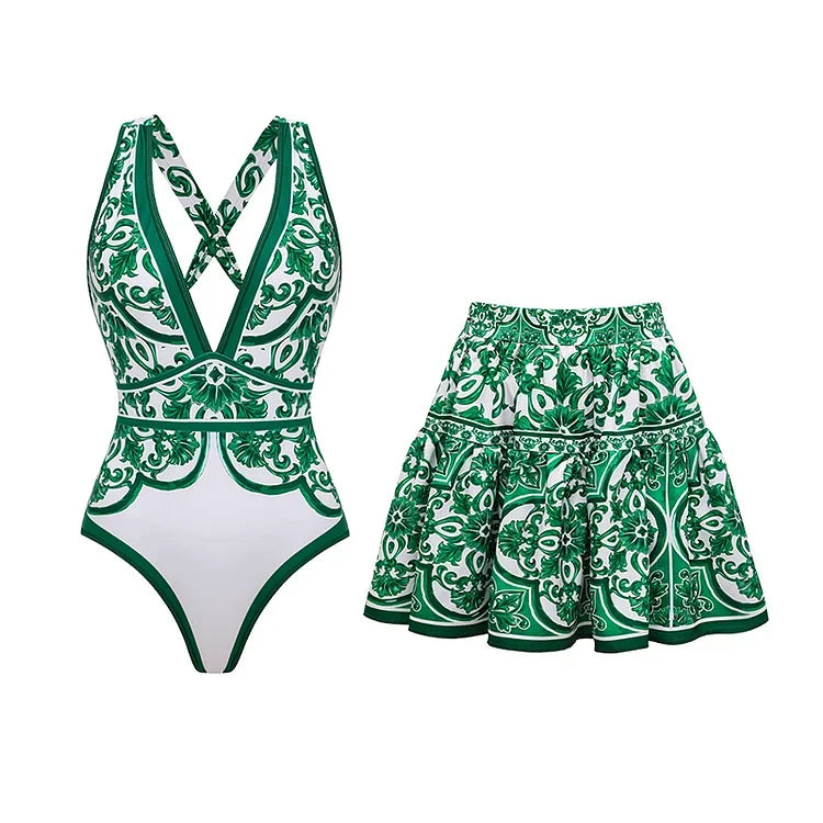 Deep V-Neck Swimsuit - Majolica Print Beachwear