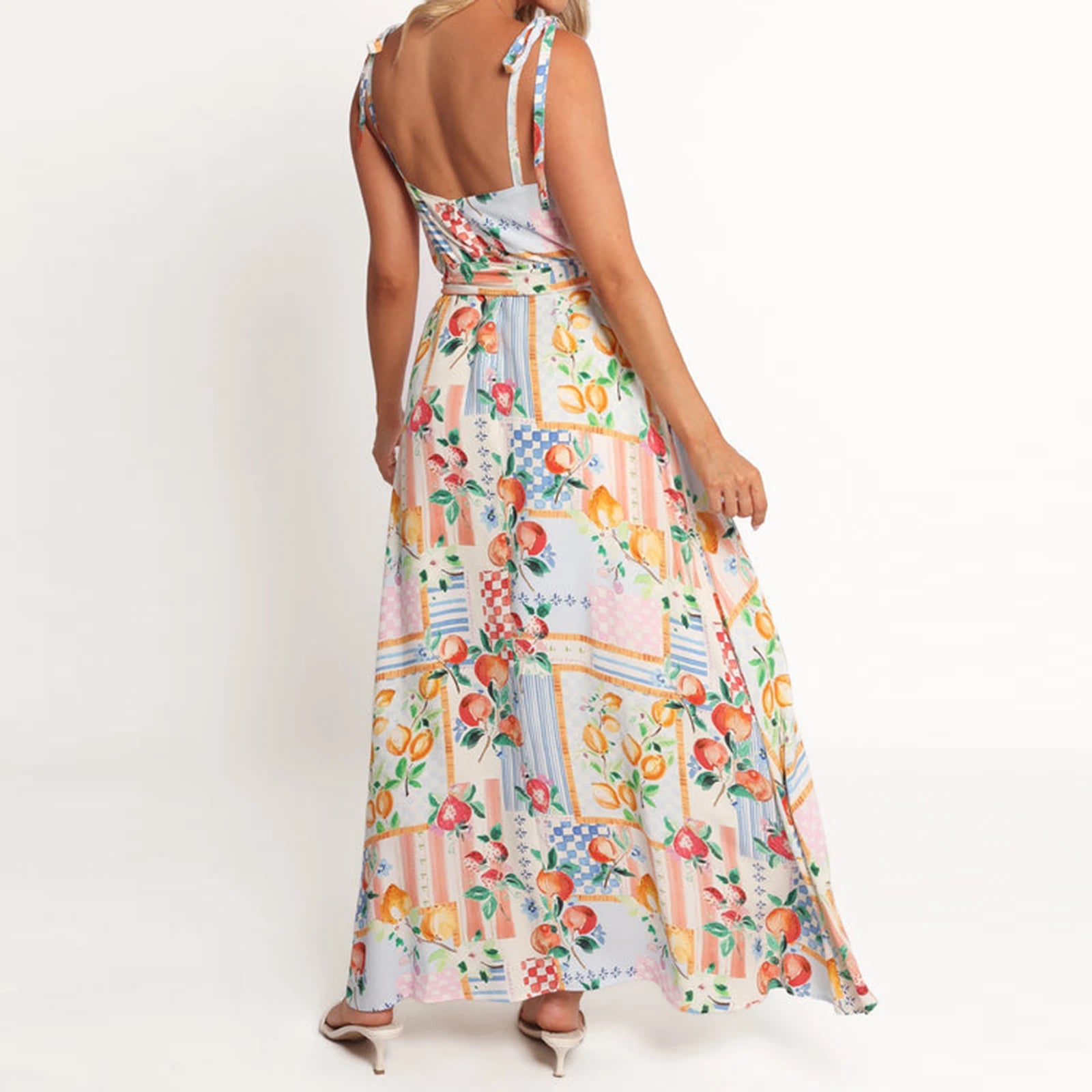 Floral Print Maxi Dress with Belt - Backless Spaghetti Strap Summer Dress
