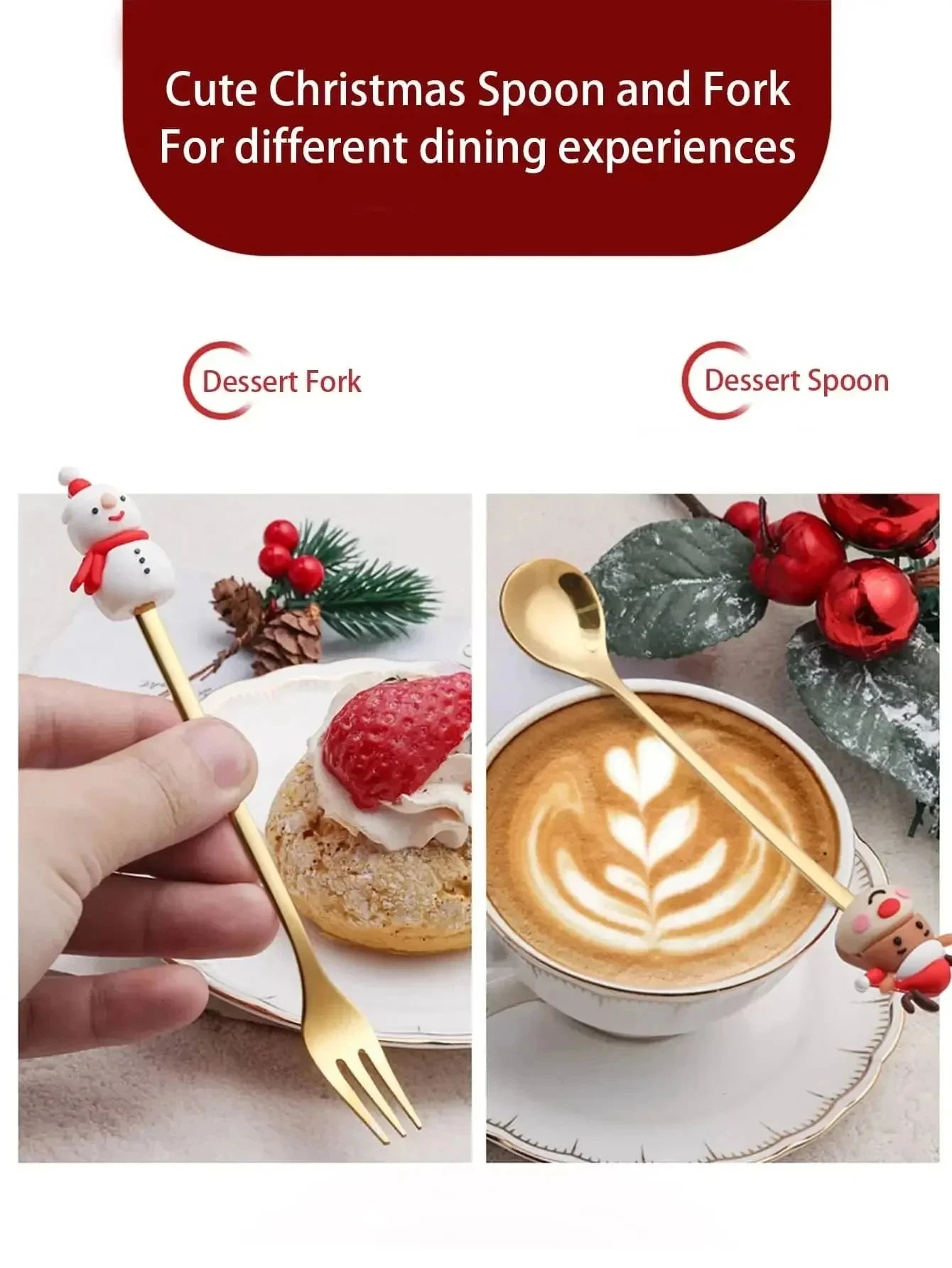 Cute Christmas spoon and fork set with festive decorations on a white background