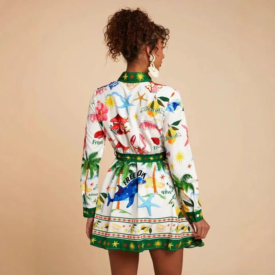 Floral Print Linen Shirt Dress - Knot Waist Midi Length