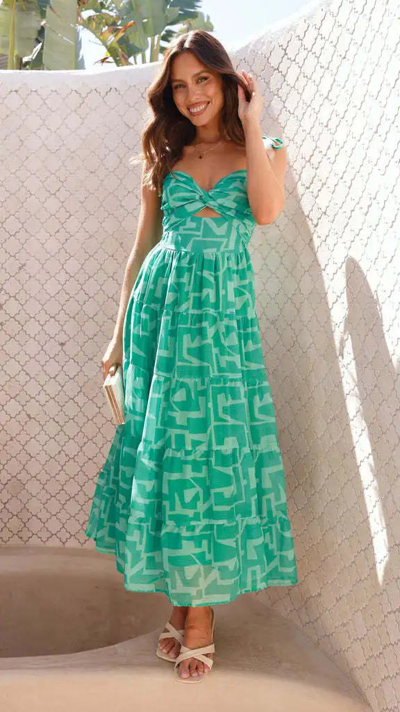 Floral Print Maxi Dress - A-Line Strap Vacation Dress