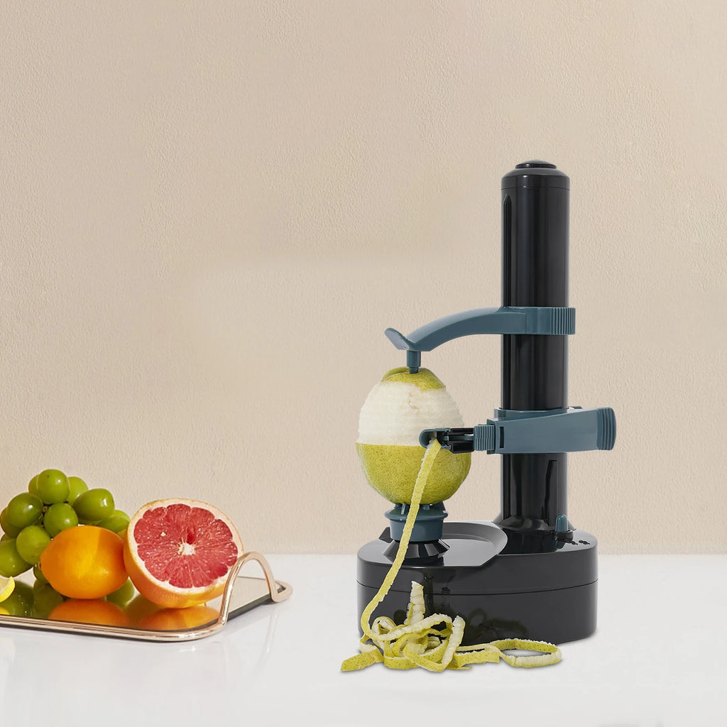 Fruit peeler with a green apple being peeled on a beige background