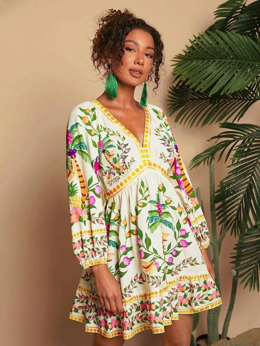 Floral Print V-Neck Midi Dress - 3/4 Sleeve High Waist Boho
