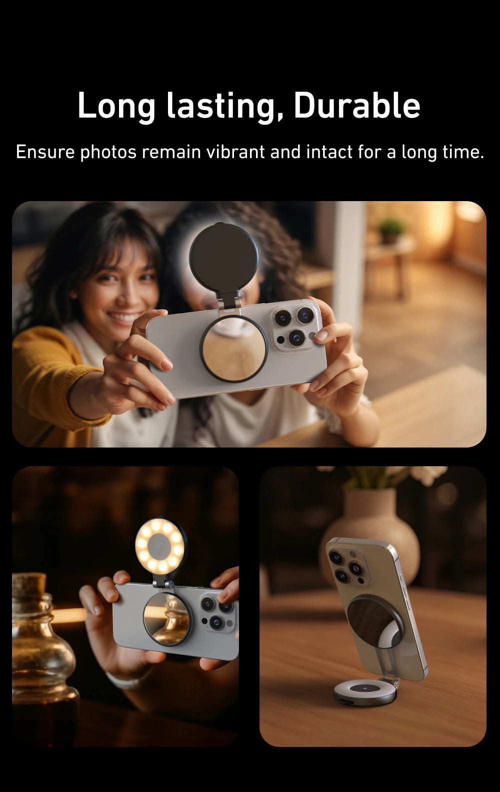 Person holding a phone with a ring light attachment, emphasizing durability and photo quality.