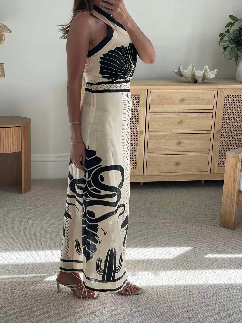 Tropical Print Halter Maxi Dress - Bodycon Silhouette