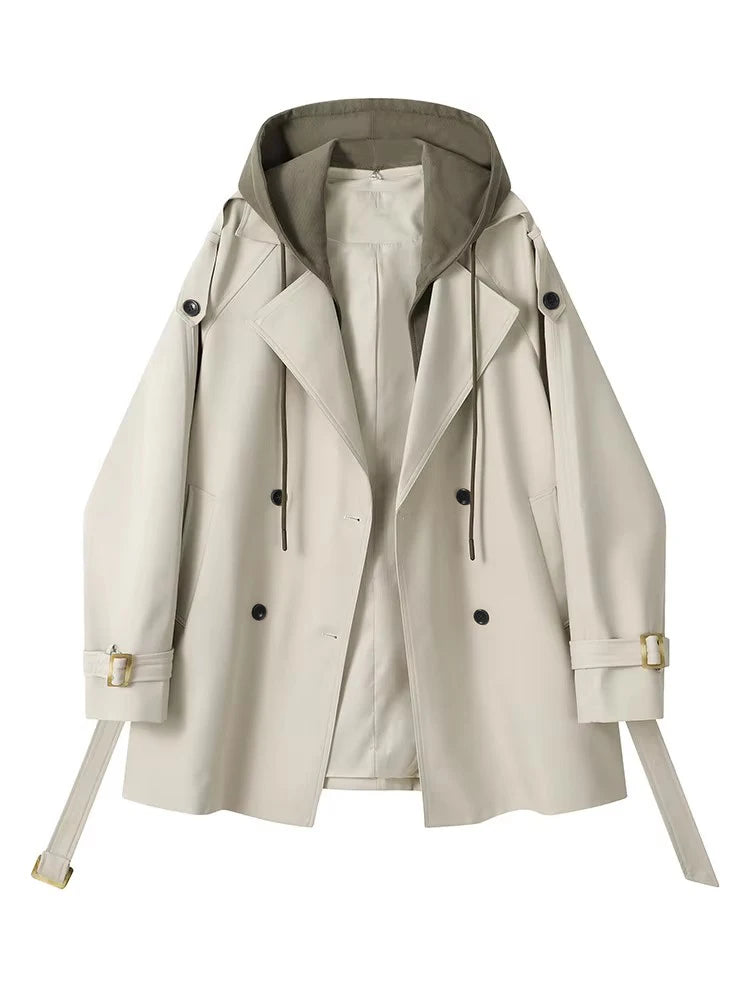 Beige trench coat with a hood on a white background
