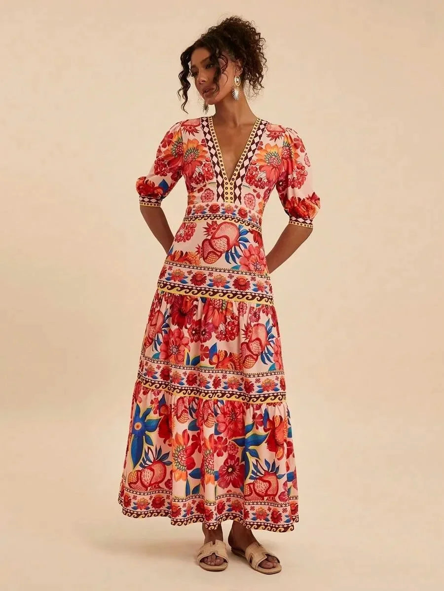 Floral Print Bubble Sleeve Maxi Dress - V-Neck Summer Dress