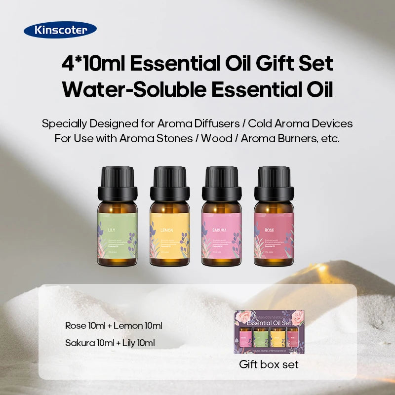 Kinscoter 4*10ml Essential Oil Gift Set with four bottles and a box on a light background