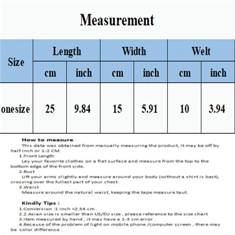 Measurement chart for clothing size with dimensions in centimeters and inches.
