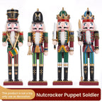 Four Nutcracker Puppet Soldiers in decorative costumes on a white background.