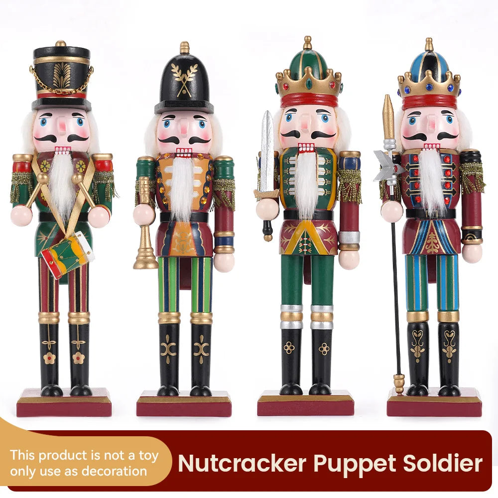 Four Nutcracker Puppet Soldiers in decorative costumes on a white background.