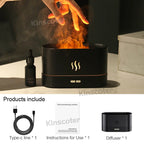 Black flame diffuser with flames, Kinscoter branding, and product list below.