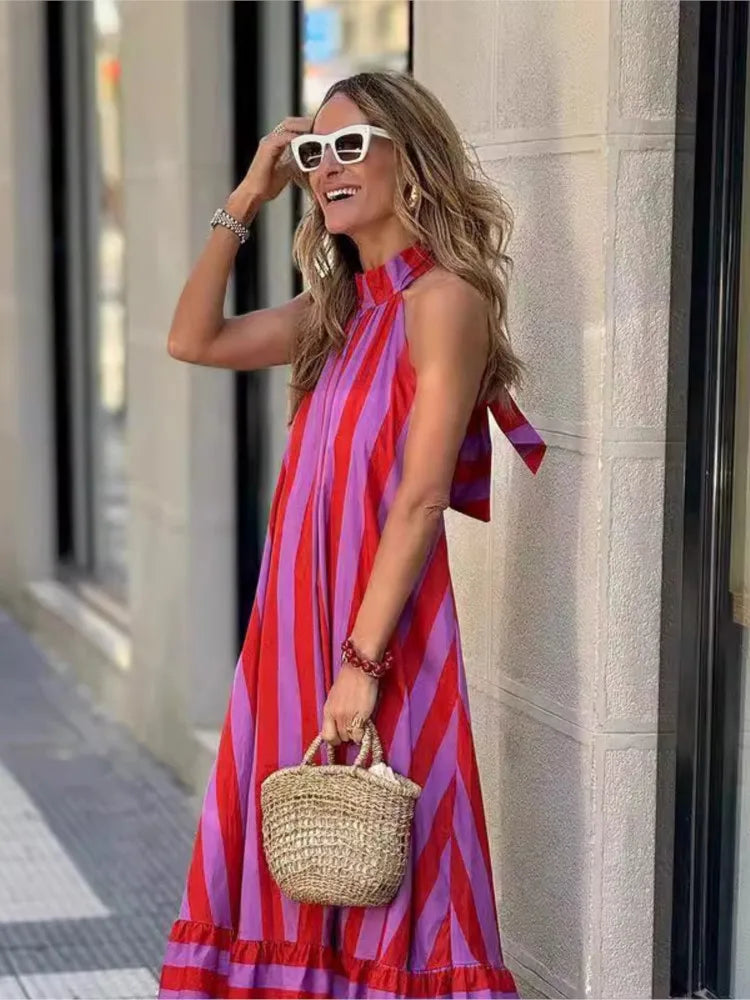Striped Halter Neck Maxi Dress - Backless Lace-Up Vacation Dress