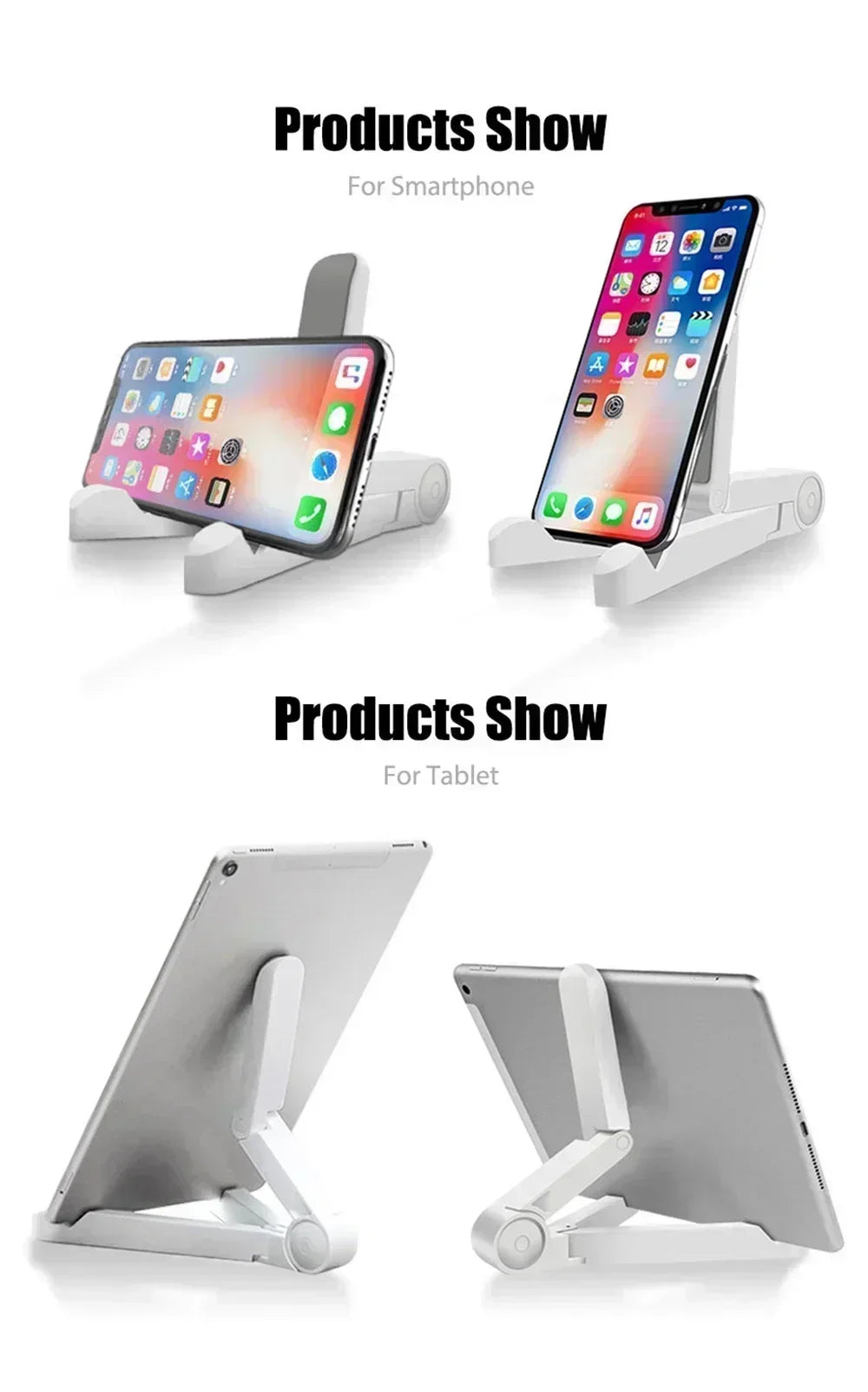 Two smartphone stands and two tablet stands on a white background with product labels.