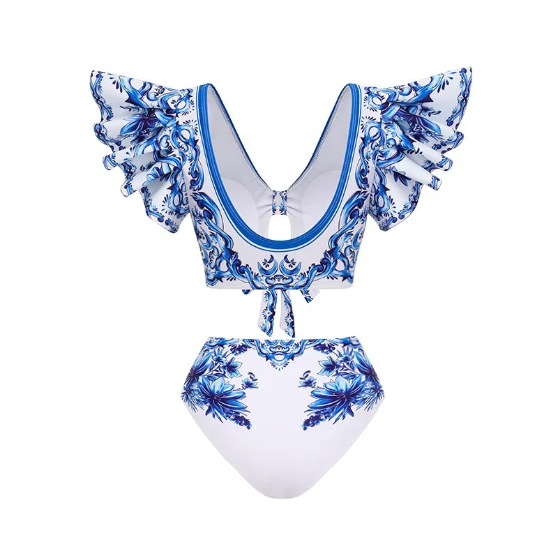 Bow Decor Majolica Print Swimsuit - Elegant Beachwear