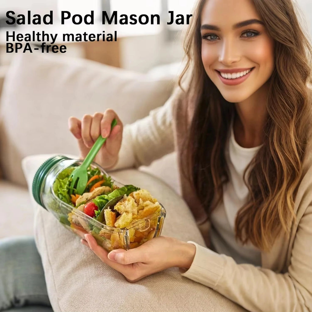 Woman holding a Salad Pod Mason Jar filled with food, sitting on a couch.