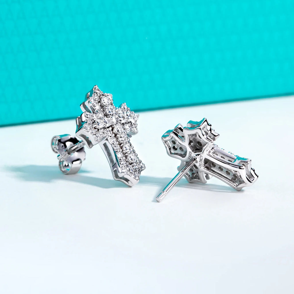 0.78ct Iced Out Moissanite Cross Stud Earrings - 925 Sterling Silver