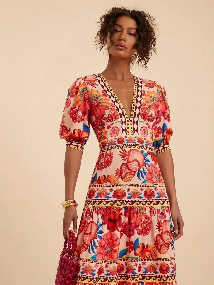 Floral Print Bubble Sleeve Maxi Dress - V-Neck Summer Dress