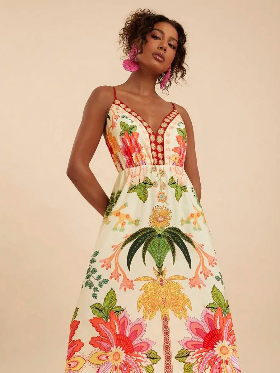 Floral Print Off-Shoulder Maxi Dress - Spaghetti Strap A-Line