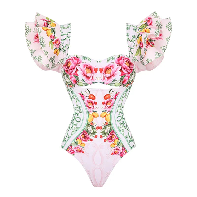 Lemon Floral Swimsuit - Ruffle Cutout Style