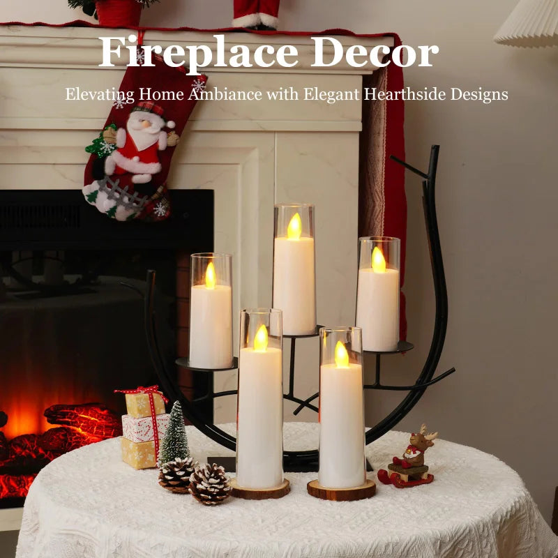 Decorative candles on a mantel with Christmas stockings and a fireplace.