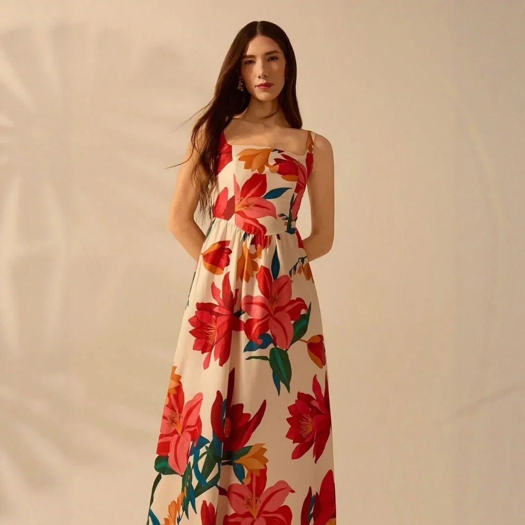 Floral Print A-Line Maxi Dress - Square Collar Sleeveless