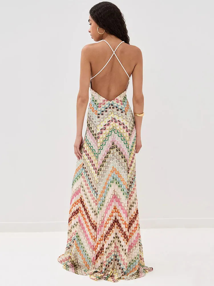 Crochet Halter Maxi Dress - V-Neck Backless Knit Dress