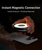 Hand holding a magnetic phone accessory with text 'Instant Magnetic Connection' on a dark background