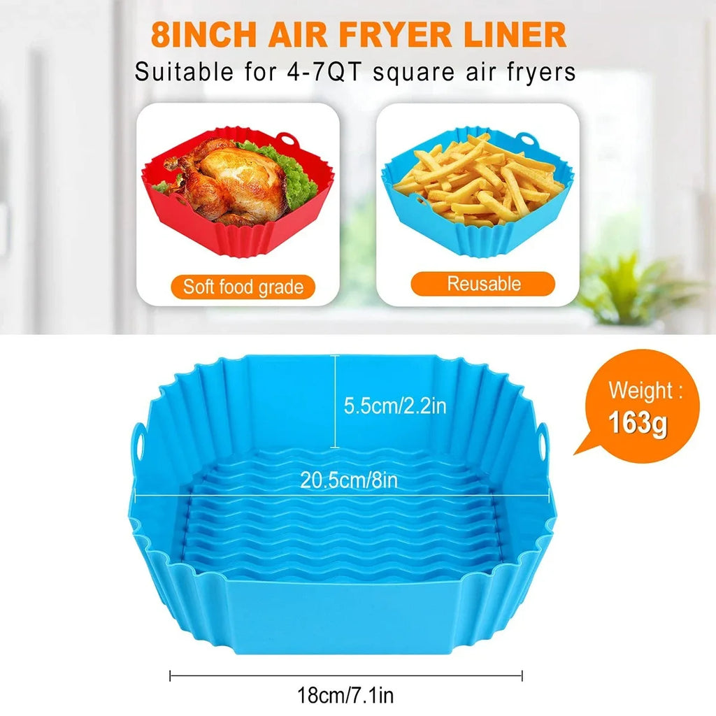 Blue silicone air fryer liner with measurements and food examples on a white background