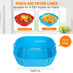 Blue silicone air fryer liner with measurements and food examples on a white background