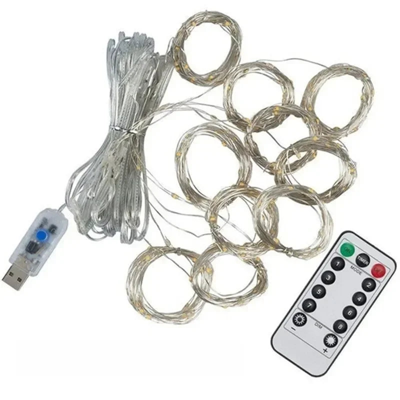 String lights with USB cable and remote control on a white background