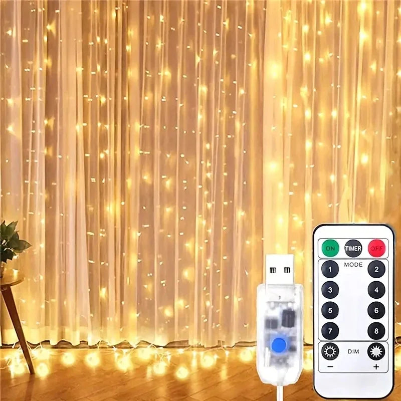 String lights with remote control in front of a curtain
