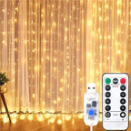 String lights with remote control in front of a curtain
