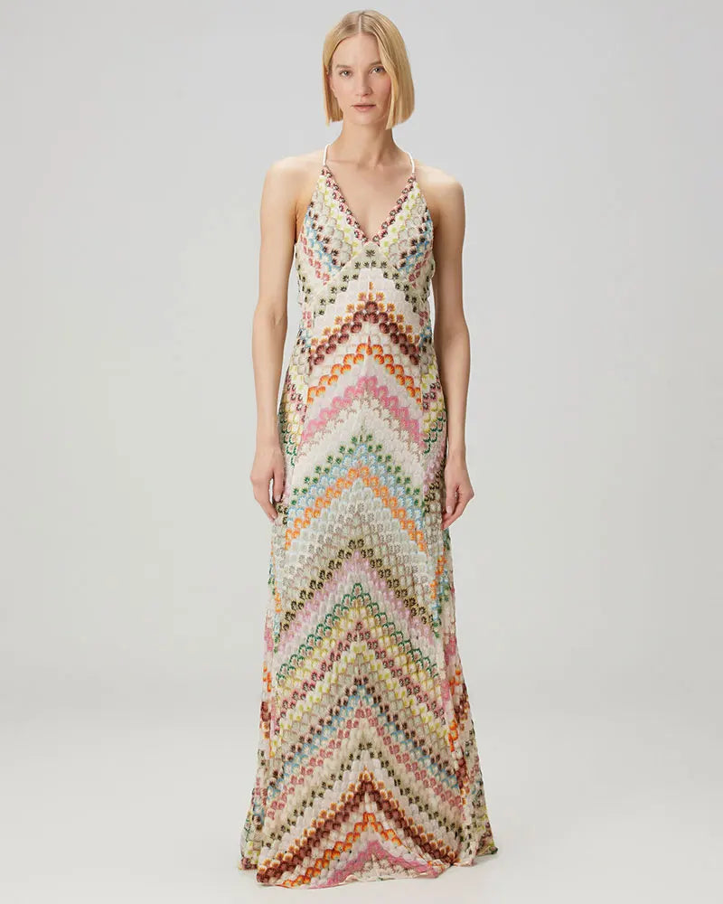 Crochet Halter Maxi Dress - V-Neck Backless Knit Dress