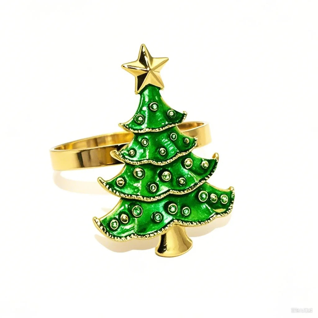 Green Christmas tree-shaped ring with gold accents on a white background