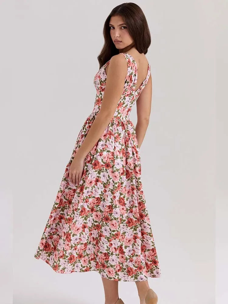 Print A-Line Midi Dress with V-Neck - Cottagecore Style